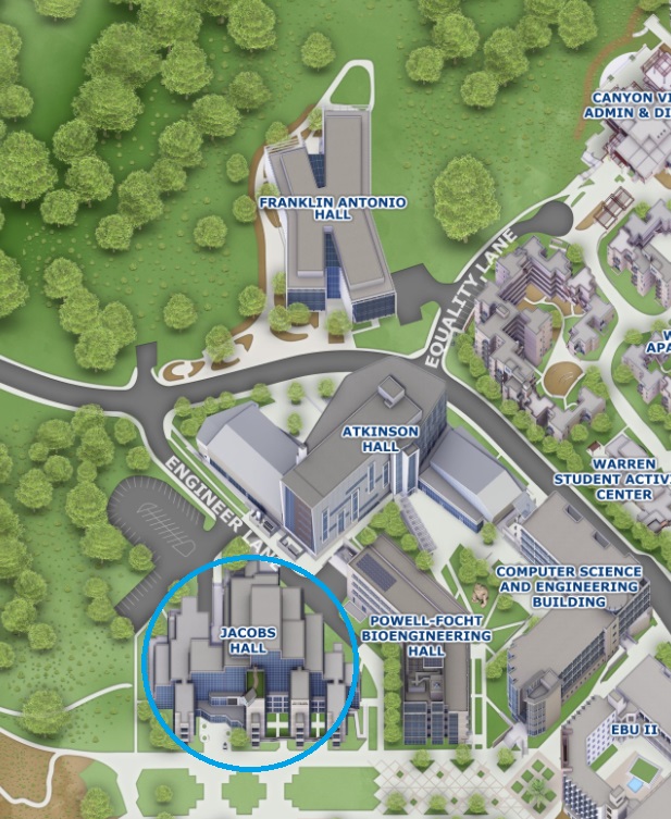 Map of Jacobs Hall and surrounding buildings with blue circle over Jacobs Hall